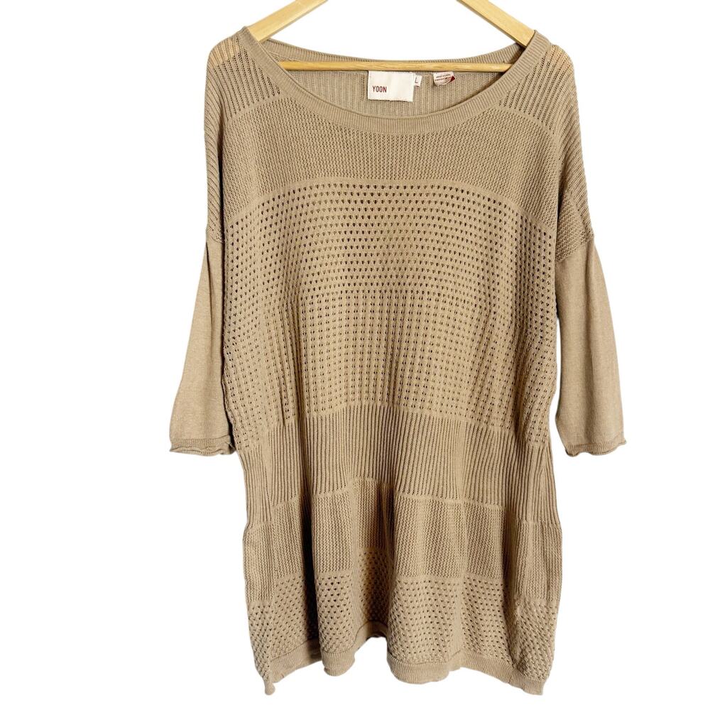 Yoon Beige Cotton Cashmere Blend Pointelle Knit 3/4 Sleeve Tunic Sweater Size L